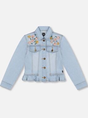 deux par deux Girls Light Blue Denim Jacket with Floral Embroidery (Size 14)